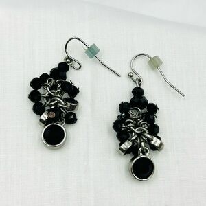 White House Black Market Silver Tone and Black Cluster Dangle Earrings